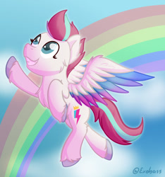 Size: 1024x1093 | Tagged: safe, artist:exobass, zipp storm, pegasus, pony, g5, my little pony: a new generation, flying, rainbow, solo, unshorn fetlocks