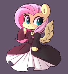 Size: 1890x2048 | Tagged: safe, artist:sakukitty, fluttershy, pegasus, semi-anthro, g4, arm hooves, clothes, collar, dress, eyelashes, female, looking at you, mare, smiling, solo, spread wings, wings