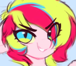 Size: 1624x1405 | Tagged: safe, artist:flixanoa, oc, oc only, oc:dragon fruit, bat pony, pony, bust, eye clipping through hair, grin, hair over one eye, looking at you, portrait, smiling, solo