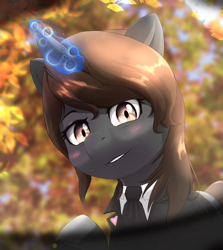 Size: 2500x2800 | Tagged: safe, artist:nihithebrony, oc, oc only, oc:sonata, pony, unicorn, elements of justice, turnabout storm, autumn, blurry, blurry background, blushing, brown eyes, brown hair, clothes, day, eyebrows, eyelashes, female, glasses, glowing, glowing horn, grin, high res, horn, lawyer, leaves, looking at you, magic, mare, necktie, outdoors, smiling, smiling at you, solo, suit, tree