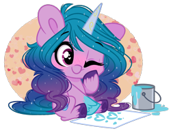 Size: 2281x1753 | Tagged: safe, artist:emberslament, izzy moonbow, pony, unicorn, g5, my little pony: a new generation, blushing, chibi, curly hair, cute, eyebrows, eyebrows visible through hair, female, heart, heart eyes, high res, hoof heart, hoof on cheek, horn, izzybetes, mare, one eye closed, paint, painting, simple background, sitting, smiling, solo, sparkly mane, transparent background, underhoof, unshorn fetlocks, wingding eyes