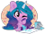 Size: 2281x1753 | Tagged: safe, artist:emberslament, izzy moonbow, pony, unicorn, g5, my little pony: a new generation, blushing, chibi, curly hair, cute, eyebrows, eyebrows visible through hair, female, heart, heart eyes, hoof heart, hoof on cheek, horn, izzybetes, mare, one eye closed, paint, painting, simple background, sitting, smiling, solo, sparkly mane, transparent background, underhoof, unshorn fetlocks, wingding eyes
