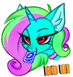 Size: 2127x2238 | Tagged: safe, artist:pesty_skillengton, oc, oc only, pony, unicorn, bust, female, high res, meme, mouth hold, no u, playing card, solo, uno, uno reverse card