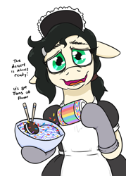 Size: 664x927 | Tagged: safe, artist:jargon scott, oc, oc only, oc:floor bored, earth pony, pony, chopsticks, clothes, cookie, dexterous hooves, dress, female, floppy ears, food, grin, hoof hold, maid, mare, nervous, nervous smile, noodles, oreo, rainbow sprinkles, ramen, simple background, smiling, solo, sprinkles, sweet sundae ramen, talking to viewer, wavy mouth, white background
