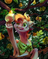 Size: 2802x3405 | Tagged: safe, artist:teaflower300, oc, oc only, earth pony, pony, commission, food, frog (hoof), high res, licking, licking lips, pear, pear tree, solo, tongue out, tree, underhoof
