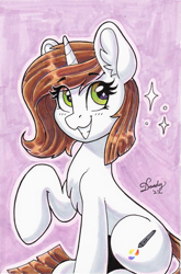 Size: 727x1102 | Tagged: safe, artist:dandy, oc, oc only, oc:brittneigh ackermane, pony, unicorn, chest fluff, copic, ear fluff, eye clipping through hair, eyebrows, eyebrows visible through hair, female, grin, hooves, horn, looking at you, marker drawing, raised hoof, shading, signature, simple background, sitting, smiling, solo, traditional art, unicorn oc