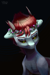 Size: 1887x2826 | Tagged: safe, artist:teaflower300, oc, oc only, pony, black background, black sclera, floral head wreath, flower, horns, pensive, simple background, solo, thorn