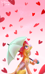 Size: 2258x3725 | Tagged: safe, artist:teaflower300, oc, oc only, pegasus, pony, colored wings, heart, high res, looking up, pale belly, smiling, solo, two toned wings, umbrella, wings