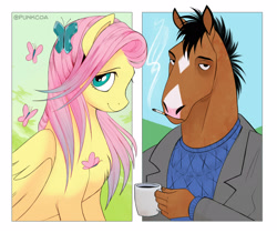 Size: 2500x2100 | Tagged: safe, artist:punkcoa, fluttershy, butterfly, horse, pegasus, pony, anthro, g4, bojack horseman, bojack horseman (character), cigarette, crossover, duo, fanart, female, high res, male, mare, mug, smoking, stallion