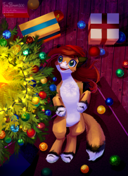 Size: 2387x3282 | Tagged: safe, artist:teaflower300, oc, oc only, earth pony, pony, bauble, christmas, christmas ornament, christmas tree, decoration, high res, holiday, lying down, on back, present, smiling, solo, tree