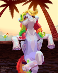 Size: 1601x2024 | Tagged: safe, artist:teaflower300, oc, oc only, pegasus, pony, drink, leaning, palm tree, solo, tree