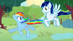 Size: 1280x720 | Tagged: safe, artist:mlplary6, rainbow dash, soarin', pegasus, pony, g4, boyfriend and girlfriend, female, looking at each other, male, mare, rain, ship:soarindash, shipping, smiling, smiling at each other, stallion, straight