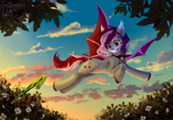 Size: 1280x893 | Tagged: safe, artist:teaflower300, oc, oc only, bat pony, frog, pony, bat pony oc, bell, bell collar, collar, flying, looking at something, solo