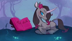 Size: 1142x648 | Tagged: safe, artist:switchsugar, oleander (tfh), classical unicorn, pony, unicorn, them's fightin' herds, book, cloven hooves, community related, female, flower, flower in hair, frown, horn, leonine tail, lying down, on side, owo, solo, unicornomicon, unshorn fetlocks, uwu