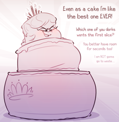 Size: 1857x1901 | Tagged: safe, artist:secretgoombaman12345, diamond tiara, g4, abstract background, blushing, bragging, cake, cellular peptide cake (with mint frosting), dialogue, fat, female, food, food transformation, monochrome, sketch, smug, solo, transformation