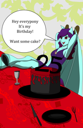 Size: 3514x5375 | Tagged: safe, artist:lullabyjak, oc, oc:crimson rose, bat pony, anthro, unguligrade anthro, birthday, cake, food, myself, sitting
