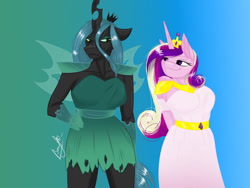 Size: 1280x960 | Tagged: safe, artist:vera2002, princess cadance, queen chrysalis, alicorn, changeling, changeling queen, anthro, g4, clothes, crown, dress, duo, duo female, eyelashes, female, gloves, gradient background, horn, infidelity, jewelry, lesbian, looking at each other, looking at someone, regalia, ship:cadalis, shipping, simple background, smiling, tail, wings