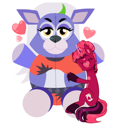 Size: 2434x2661 | Tagged: safe, artist:vi45, oc, oc only, oc:venus red heart, pony, unicorn, wolf, animatronic, commission, crossover, cute, eyes closed, female, five nights at freddy's, five nights at freddy's: security breach, heart, high res, hug, mare, markings, plushie, roxanne wolf, simple background, sitting, solo, unshorn fetlocks, white background, ych result