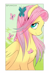 Size: 1400x2100 | Tagged: safe, artist:punkcoa, edit, fluttershy, butterfly, pegasus, pony, g4, beautiful, border, cropped, cute, female, looking at you, mare, shyabetes, smiling, solo