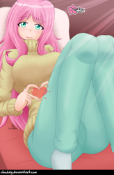 Size: 526x800 | Tagged: safe, artist:clouddg, fluttershy, human, g4, big breasts, breasts, busty fluttershy, clothes, female, heart hands, humanized, looking at you, pants, smiling, solo, sweater, sweatershy, turtleneck, url