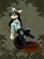 Size: 1646x2220 | Tagged: safe, artist:teaflower300, oc, oc only, unicorn, semi-anthro, arm hooves, boots, clothes, frown, lidded eyes, pants, shirt, shoes, solo