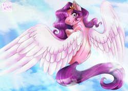 Size: 3508x2480 | Tagged: safe, artist:piyion, pipp petals, pegasus, pony, g5, my little pony: a new generation, adorapipp, crepuscular rays, cute, ear fluff, female, flying, high res, looking at you, looking back, looking back at you, mare, sky, solo