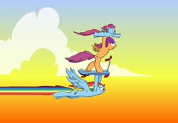 Size: 1024x710 | Tagged: safe, artist:brutamod, rainbow dash, scootaloo, oc, unnamed oc, pegasus, pony, g4, 2016, alternate cutie mark, cloud, female, flapping wings, flying, helmet, holding a pony, looking at someone, looking offscreen, magical lesbian spawn, mother and child, mother and daughter, offspring, older, older scootaloo, parent:rainbow dash, parent:scootaloo, parents:scootadash, scooter, sunset, trio, wings