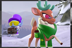 Size: 1280x854 | Tagged: safe, artist:roxannegoat, cap (tfh), cashmere (tfh), deer, reindeer, winter sprite, them's fightin' herds, 3d, community related, duo, female, floating, male, raised hoof, snow, source filmmaker, treasure chest