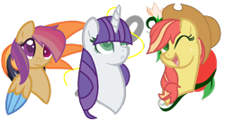 Size: 822x442 | Tagged: safe, artist:juliahtf, oc, oc only, oc:appleflore, oc:diamond spool, oc:wingscooter, earth pony, pegasus, pony, unicorn, 2016, best friends, colored wings, cowboy hat, female, hair over one eye, hat, horn, magical lesbian spawn, offspring, one eye closed, open mouth, parent:apple bloom, parent:applejack, parent:rainbow dash, parent:rarity, parent:scootaloo, parent:sweetie belle, parents:bloomjack, parents:raribelle, parents:scootadash, product of incest, simple background, smiling, transparent background, trio, wings, wink