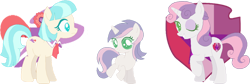 Size: 1024x345 | Tagged: safe, artist:juliahtf, coco pommel, sweetie belle, oc, oc:love spell, earth pony, pony, unicorn, g4, base used, female, filly, foal, green eyes, horn, magical lesbian spawn, mare, offspring, one eye closed, parent:coco pommel, parent:sweetie belle, parents:cocobelle, raised hoof, trio, white fur, wink