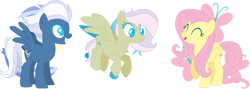 Size: 1024x364 | Tagged: safe, artist:juliahtf, fluttershy, night glider, oc, oc:night butterfly, pegasus, pony, g4, base used, blue eyes, female, green fur, magical lesbian spawn, mother and child, mother and daughter, offspring, parent:fluttershy, parent:night glider, parents:flutterglider, pegasus oc, simple background, transparent background, trio