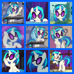 Size: 800x800 | Tagged: safe, edit, edited screencap, editor:twilyisbestpone, screencap, dj pon-3, vinyl scratch, pony, unicorn, a hearth's warming tail, g4, season 1, season 5, season 6, slice of life (episode), suited for success, the saddle row review, bipedal, collage, compilation, female, headphones, mare, solo