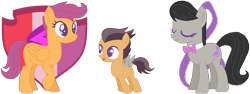 Size: 988x370 | Tagged: safe, artist:juliahtf, octavia melody, scootaloo, oc, oc:wolf spirit, pegasus, pony, g4, alternate hairstyle, base used, colored wings, crack ship offspring, crack shipping, female, filly, foal, magical lesbian spawn, male, mother and child, mother and son, offspring, older, older octavia melody, older scootaloo, parent:octavia melody, parent:scootaloo, parents:scootavia, pegasus oc, scootavia, shipping, simple background, transparent background, trio, wings