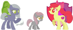 Size: 973x404 | Tagged: safe, artist:juliahtf, apple bloom, limestone pie, oc, oc:appleruby, earth pony, pony, g4, 2017, beige eyes, female, filly, foal, grey fur, lesbian, limesbloom, magical lesbian spawn, mother and child, mother and daughter, offspring, parent:apple bloom, parent:limestone pie, parents:limesbloom, simple background, transparent background, trio
