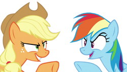 Size: 1280x724 | Tagged: safe, edit, edited screencap, editor:twilyisbestpone, screencap, applejack, rainbow dash, earth pony, pegasus, pony, g4, applejack's hat, background removed, cowboy hat, female, hat, looking at each other, looking at someone, mare, not a vector, simple background, transparent background