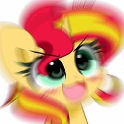 Size: 1504x1505 | Tagged: safe, artist:kittyrosie, edit, sunset shimmer, pony, unicorn, g4, :3, blushing, caption, cute, cute little fangs, fangs, image macro, motion blur, ohayou face, open mouth, open smile, radial blur, shimmerbetes, simple background, smiling, solo, text, white background, zoom blur