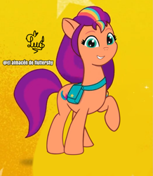 Size: 1079x1235 | Tagged: safe, artist:flutteryaylove, edit, sunny starscout, earth pony, pony, g5, my little pony: tell your tale, spoiler:g5, spoiler:my little pony: tell your tale, looking at you, mane stripe sunny, orange background, raised hoof, simple background, smiling, solo