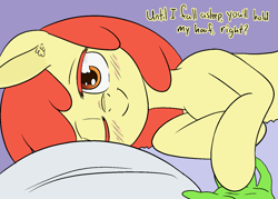 Size: 1491x1066 | Tagged: safe, artist:happy harvey, edit, apple bloom, oc, oc:anon, earth pony, human, pony, g4, adorabloom, bed, blanket, blushing, bronybait, cute, drawthread, ear fluff, female, filly, foal, holding hands, holding hooves, looking at you, lying down, offscreen character, on side, one eye closed, phone drawing, pillow, ponified, pov
