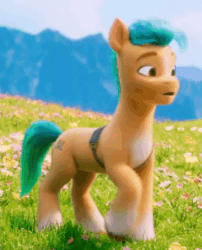 Size: 444x550 | Tagged: safe, screencap, hitch trailblazer, earth pony, pony, g5, my little pony: a new generation, animated, blinking, confused, cropped, cute, gif, hitchbetes, i watch it for the ears, male, one ear down, raised hoof, solo, stallion