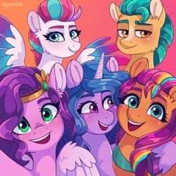 Size: 2048x2047 | Tagged: safe, artist:skysorbett, hitch trailblazer, izzy moonbow, pipp petals, sunny starscout, zipp storm, earth pony, pegasus, pony, unicorn, g5, my little pony: a new generation, adorapipp, adorazipp, cute, female, happy, high res, hitchbetes, izzybetes, lidded eyes, looking at you, male, mane five (g5), mare, scene interpretation, selfie, smiling, spread wings, stallion, sunnybetes, wings