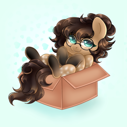 Size: 1080x1080 | Tagged: safe, artist:tookiut, oc, oc only, oc:nixie tube, bat pony, earth pony, hybrid, pony, box, cardboard box, coat markings, dappled, fangs, glasses, socks (coat markings), solo, wingding eyes