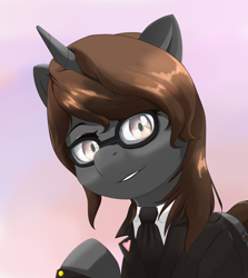 Size: 2500x2800 | Tagged: safe, artist:nihithebrony, oc, oc only, oc:sonata, pony, unicorn, elements of justice, turnabout storm, brown eyes, brown hair, clothes, colored background, female, glasses, high res, horn, lawyer, looking at you, mare, necktie, simple background, smiling, smiling at you, solo, suit, unicorn oc