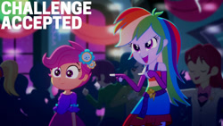 Size: 1280x720 | Tagged: safe, edit, edited screencap, editor:quoterific, screencap, rainbow dash, scootaloo, equestria girls, g4, my little pony equestria girls: summertime shorts, raise this roof, bare shoulders, belt, canterlot high, clothes, cutie mark on clothes, duo, duo female, duo focus, eyes closed, fall formal outfits, female, fingerless gloves, gloves, male, open mouth, open smile, sleeveless, smiling