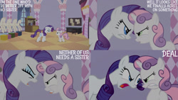 Size: 1280x720 | Tagged: safe, edit, edited screencap, editor:quoterific, screencap, rarity, sweetie belle, pony, unicorn, g4, season 2, sisterhooves social, belle sisters, carousel boutique, duo, eyes closed, female, filly, foal, mannequin, mare, open mouth, siblings, sisters