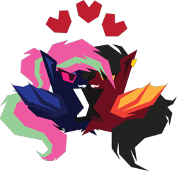 Size: 3144x3039 | Tagged: safe, artist:tikibat, oc, oc only, oc:ink rose, oc:sine wave, bat pony, pony, angular, bat pony oc, bat wings, ear fluff, fangs, female, hearts and hooves day, high res, kissing, mare, membranous wings, simple background, transparent background, wings