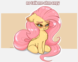 Size: 1500x1197 | Tagged: safe, artist:inkypuso, fluttershy, pegasus, pony, g4, angry, blushing, chest fluff, cute, female, floppy ears, madorable, mare, meme, no talk me im angy, pouting, shyabetes, sitting, solo, text, weapons-grade cute