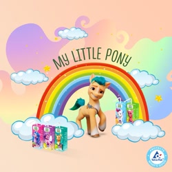 Size: 1213x1213 | Tagged: safe, hitch trailblazer, izzy moonbow, pipp petals, sprout cloverleaf, zipp storm, earth pony, pegasus, pony, unicorn, g5, my little pony: a new generation, official, 2d, 3d, cloud, confident, cute, cyrillic, facebook, hitchbetes, looking at you, merchandise, package, proud, rainbow, raised hoof, russia, russian, simple background, smiling, smiling at you, social media, stock vector, title drop