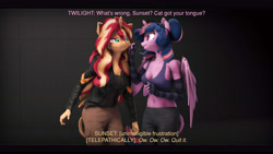 Size: 9600x5400 | Tagged: safe, artist:imafutureguitarhero, derpibooru exclusive, sci-twi, sunset shimmer, twilight sparkle, alicorn, classical unicorn, unicorn, anthro, series:twilight's sexual deviancy, g4, 3d, absurd resolution, adorable face, adorkable, arm fluff, arm freckles, belly button, black bars, cargo pants, cheek fluff, chest fluff, chest freckles, chromatic aberration, clothes, cloven hooves, colored eyebrows, colored eyelashes, conversation, cute, descriptive noise, detailed hair, dialogue, dork, duo, ear fluff, ear freckles, ear piercing, earring, evening gloves, female, film grain, floppy ears, fluffy, fluffy mane, freckles, fur, glasses, gloves, grin, horn, jacket, jewelry, leather jacket, leonine tail, lesbian, letterboxing, long gloves, long hair, long mane, long nails, looking at each other, looking at someone, mare, midriff, multicolored hair, multicolored mane, multicolored tail, mute, nose wrinkle, paintover, pants, peppered bacon, piercing, pulling, raised eyebrow, revamped anthros, revamped ponies, sci-twilicorn, ship:sci-twishimmer, ship:sunsetsparkle, shipping, shirt, shoulder fluff, shoulder freckles, signature, smiling, source filmmaker, stage.bsp, striped gloves, subtitles, sunset shimmer is not amused, tail, tail fluff, talking, tank top, telepathy, text, twilight sparkle (alicorn), unamused, varying degrees of amusement, wall of tags, zipper, zippermouth