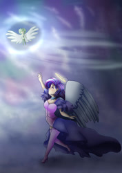 Size: 2059x2912 | Tagged: safe, artist:stormcloud-yt, oc, oc only, human, clothes, duo, flying, halo, high res, humanized, winged humanization, wings