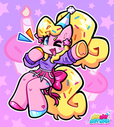 Size: 2943x3287 | Tagged: safe, artist:shyshyoctavia, oc, oc:sugar sprinkles, earth pony, anthro, bow, chibi, clothes, ear piercing, earring, food, hat, high res, hoof heart, hot pink, jewelry, kemono, multicolored hooves, party hat, piercing, pink, purple, shorts, solo, sprinkles, sweater, tail, tail bow